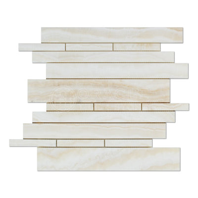 White Onyx Random Strip Mosaic Tile, Polished & Vein-Cut