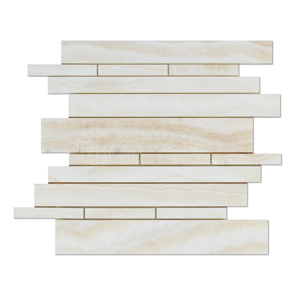 White Onyx Random Strip Mosaic Tile, Vein-Cut, Polished - Lot of 50 Sheets - Tilefornia