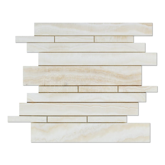 White Onyx Random Strip Mosaic Tile, Cross-Cut, Polished - Sample - Tilefornia