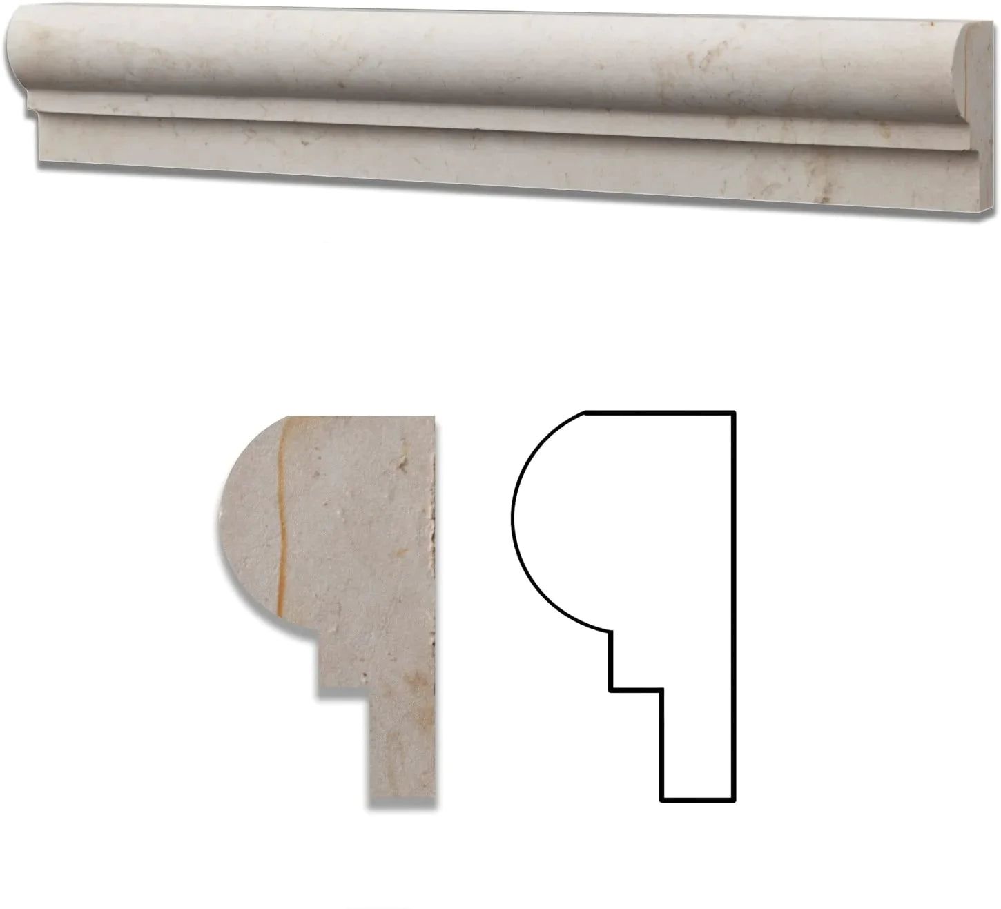 Sample of Botticino Marble Honed 2 X 12 Chair Rail OG-1 Molding and 3/4 Bullnose liner - Tilefornia
