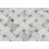 Tilefornia Calacatta Gold Marble Basketweave Mosaic Tile w/ Blue/Gray Dots - Tilefornia