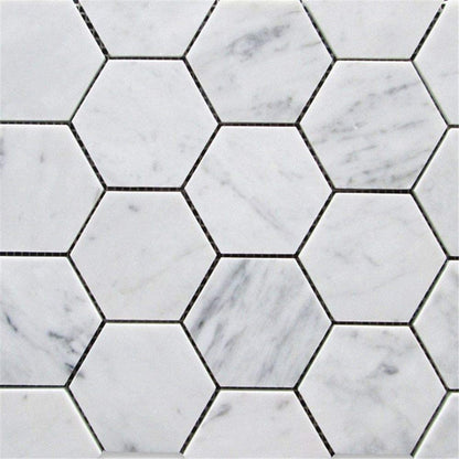 Carrara White Italian Carrera Marble Hexagon Mosaic Tile 3 inch Polished - Tilefornia