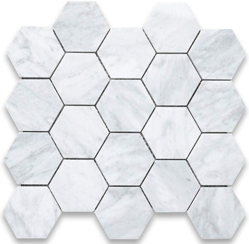 Carrara White Italian Carrera Marble Hexagon Mosaic Tile 3 inch Polished - Tilefornia