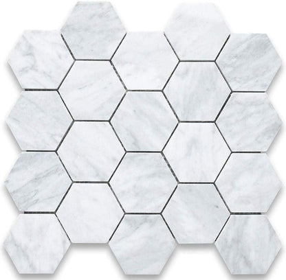 Carrara White Italian Carrera Marble Hexagon Mosaic Tile 3 inch Polished - Tilefornia