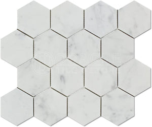 Carrara White Italian Carrera Marble Hexagon Mosaic Tile 3 inch Polished - Tilefornia