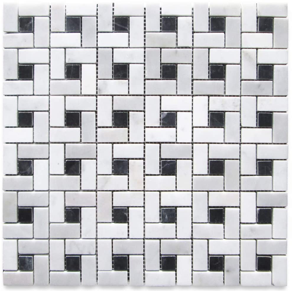 Carrara Marble Italian White Bianco Carrera Target Pinwheel Pattern Marble Mosaic Tile with Nero Marquina Black Dots Polished - Tilefornia