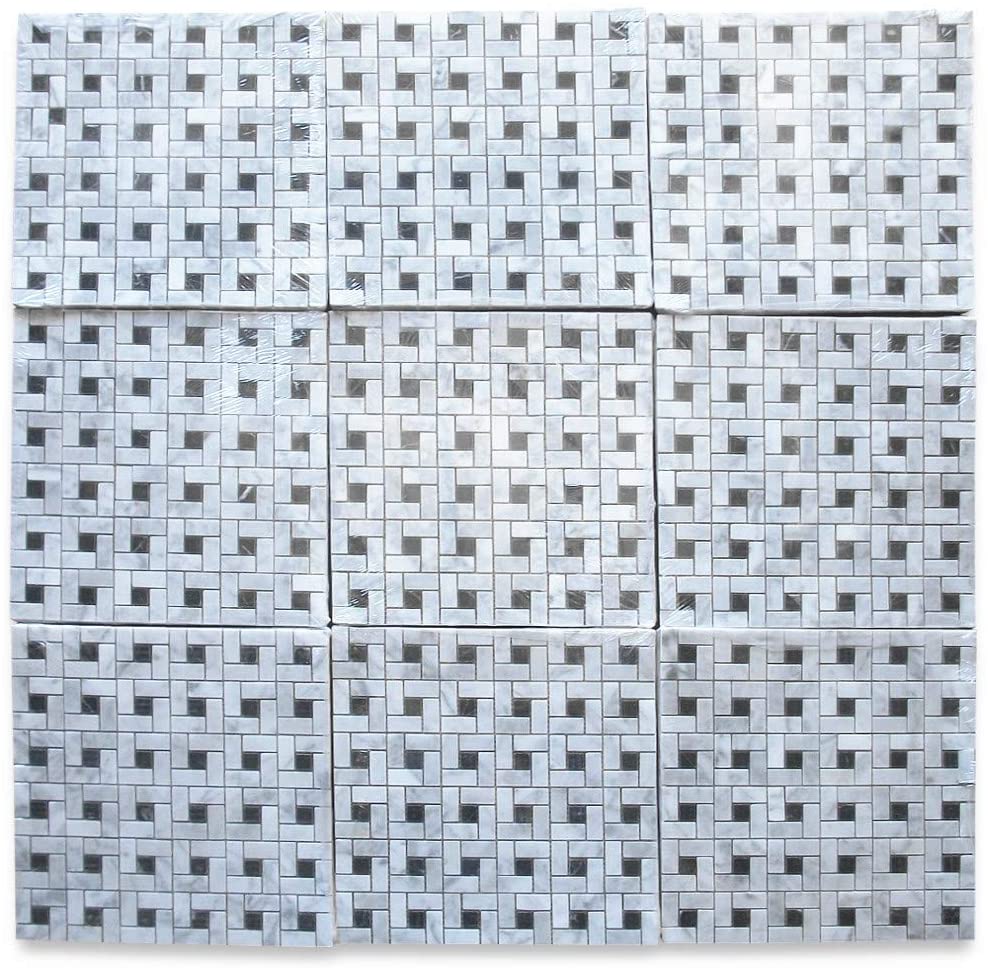 Carrara Marble Italian White Bianco Carrera Target Pinwheel Pattern Marble Mosaic Tile with Nero Marquina Black Dots Polished - Tilefornia