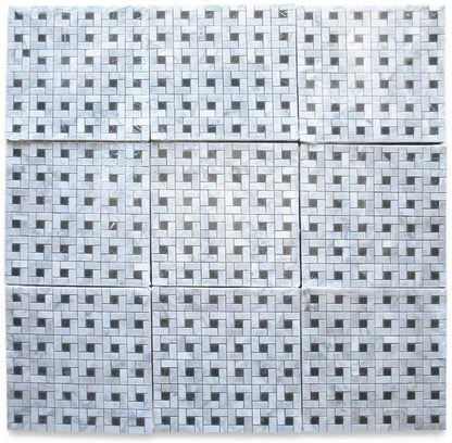 Carrara Marble Italian White Bianco Carrera Target Pinwheel Pattern Marble Mosaic Tile with Nero Marquina Black Dots Polished - Tilefornia
