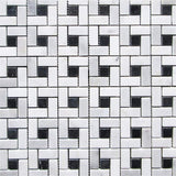 Carrara Marble Italian White Bianco Carrera Target Pinwheel Pattern Marble Mosaic Tile with Nero Marquina Black Dots Polished - Tilefornia
