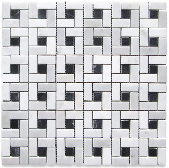 Carrara Marble Italian White Bianco Carrera Target Pinwheel Pattern Marble Mosaic Tile with Nero Marquina Black Dots Polished - Tilefornia