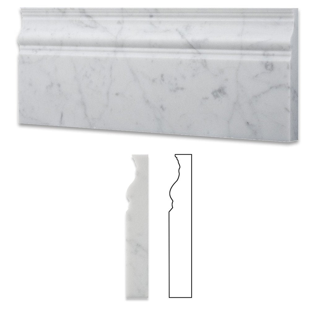 Tilefornia Italian Carrara White Marble 4 3/4" X 12" Baseboard Trim Molding Polished/Honed - Tilefornia