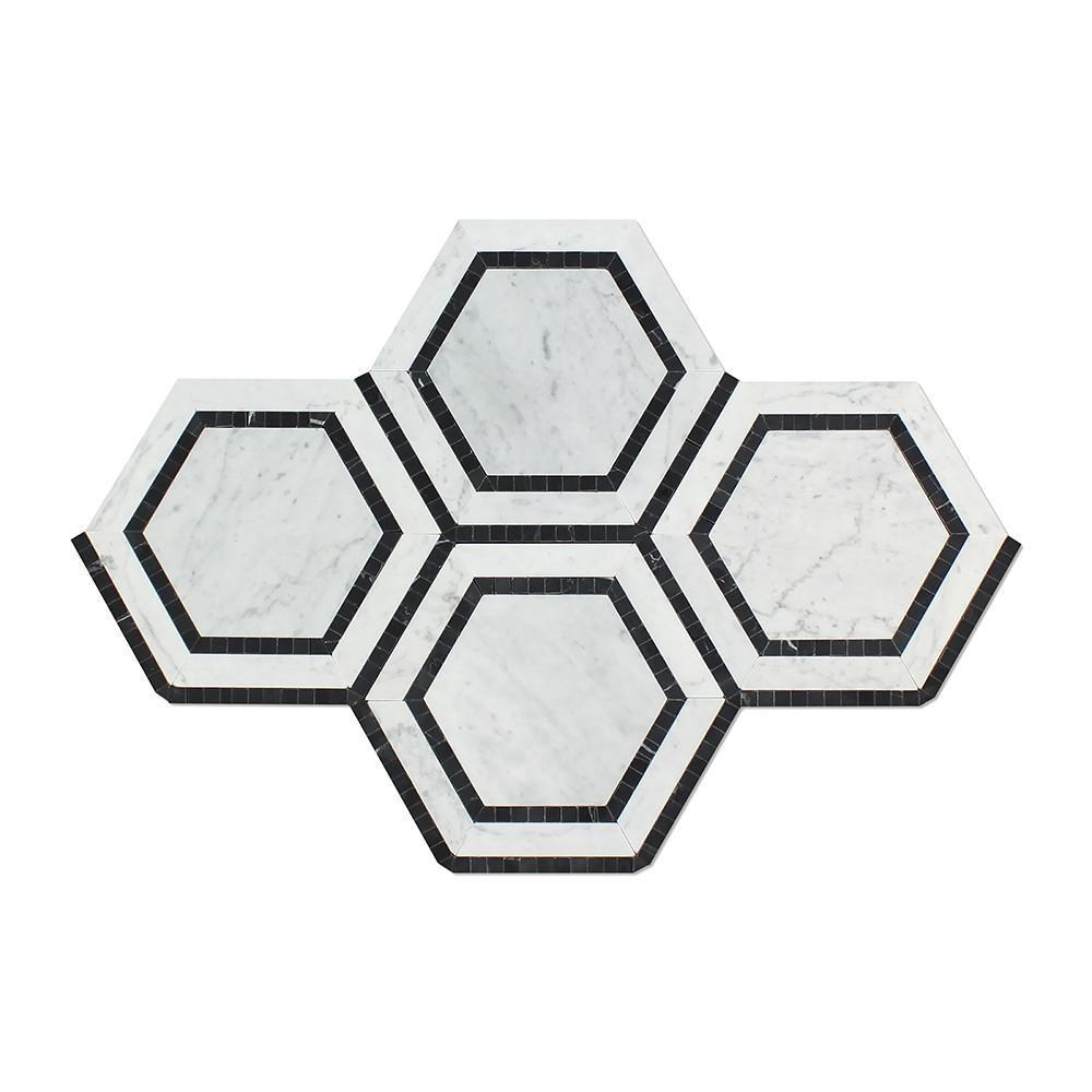 Tilefornia Italian Carrara White Marble 5" Hexagon Combo w/ Black Marble Ribbon Mosaic Tile Polished/Honed - Tilefornia