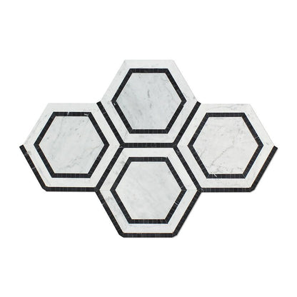 Tilefornia Italian Carrara White Marble 5" Hexagon Combo w/ Black Marble Ribbon Mosaic Tile Polished/Honed - Tilefornia