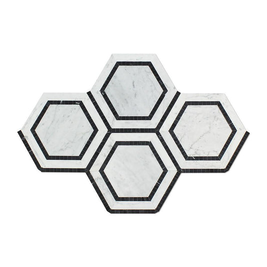 Tilefornia Italian Carrara White Marble 5" Hexagon Combo w/ Black Marble Ribbon Mosaic Tile Polished/Honed - Tilefornia