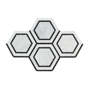 Tilefornia Italian Carrara White Marble 5" Hexagon Combo w/ Black Marble Ribbon Mosaic Tile Polished/Honed - Tilefornia
