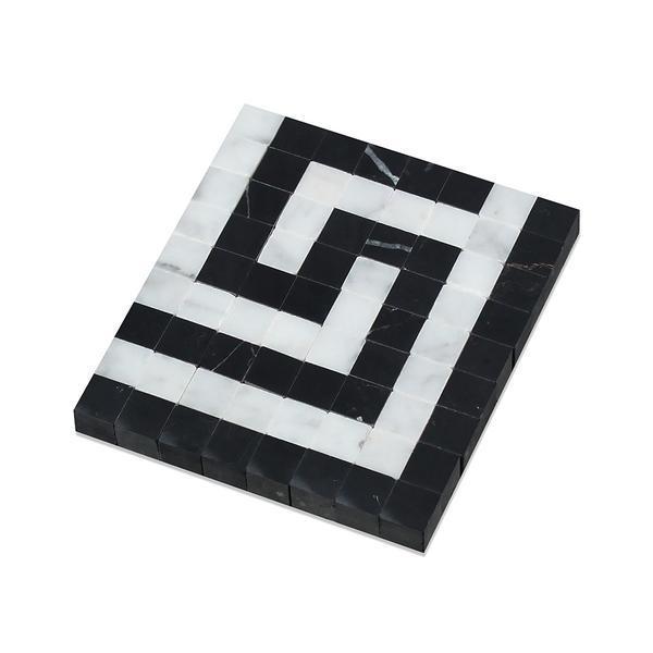 Tilefornia Italian Carrara White Marble Greek Key Border Corner w/Black Marble - Tilefornia