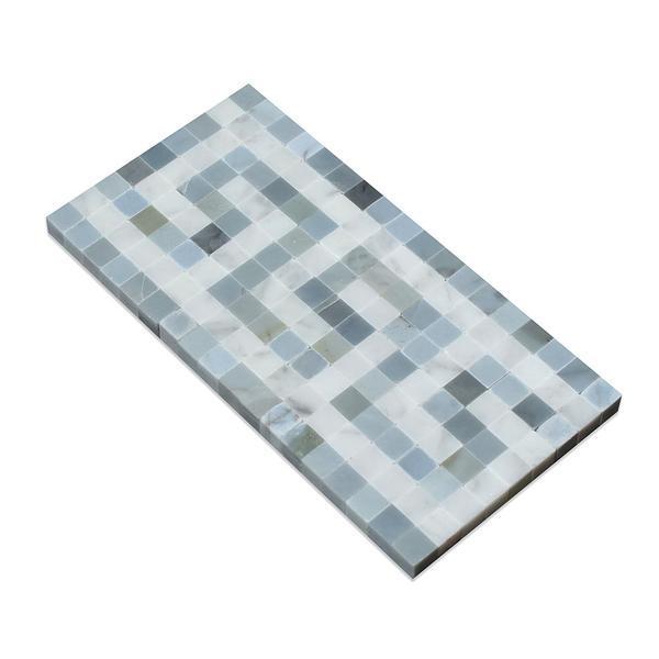 Tilefornia Italian Carrara White Marble Greek Key Border with Blue/Gray Marble Polished/Honed - Tilefornia