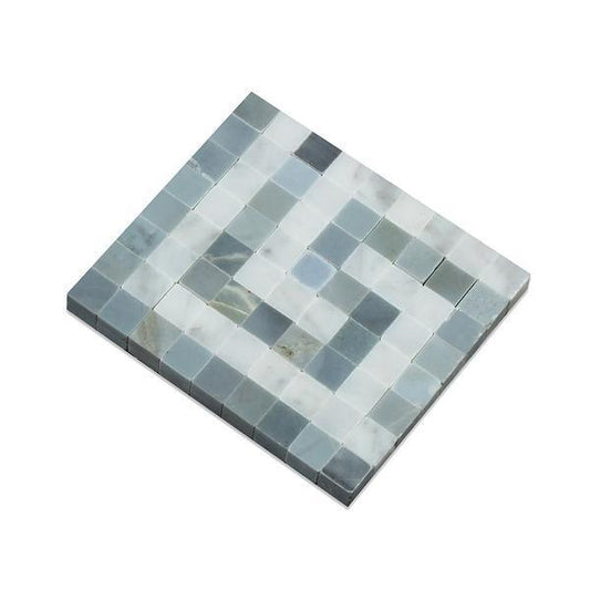 Tilefornia Italian Carrara White Marble Greek Key Border Corner w/Blue/Gray Marble - Tilefornia