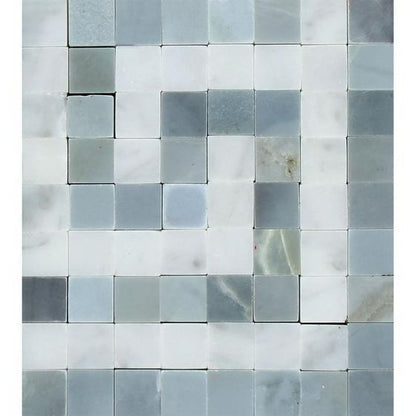 Tilefornia Italian Carrara White Marble Greek Key Border Corner w/Blue/Gray Marble - Tilefornia