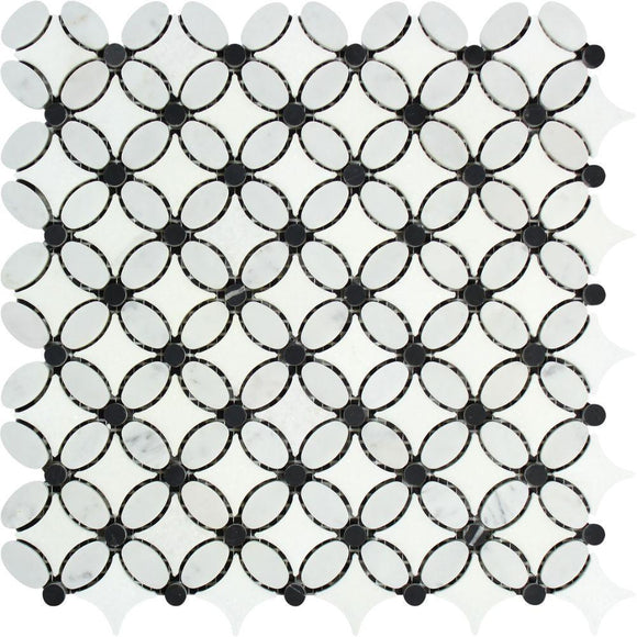 Tilefornia Italian Carrara White & Greek Thassos White Marble Florida Flower Mosaic Tile w/ Black Marble - Tilefornia