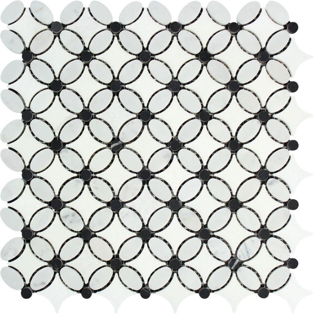 Tilefornia Florida Flower Thassos White & Carrara White & Black Marble - Tilefornia