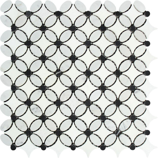 Tilefornia Florida Flower Thassos White & Carrara White & Black Marble - Tilefornia