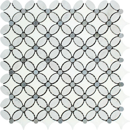 Tilefornia Florida Flower Thassos White & Carrara White & Blue/Gray Marble - Tilefornia