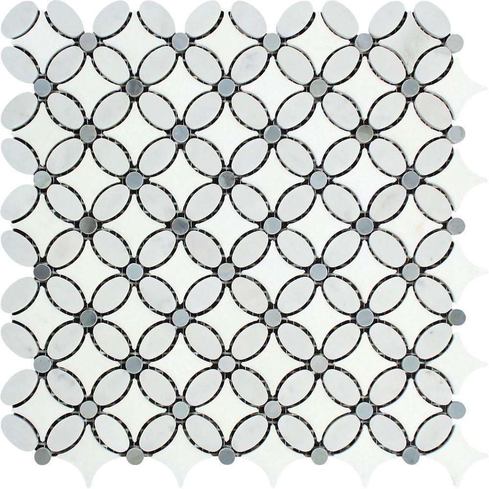 Tilefornia Italian Carrara White & Greek Thassos White Marble Florida Flower Mosaic Tile w/ Blue/Gray Marble - Tilefornia