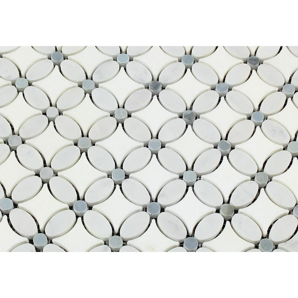 Tilefornia Italian Carrara White & Greek Thassos White Marble Florida Flower Mosaic Tile w/ Blue/Gray Marble - Tilefornia