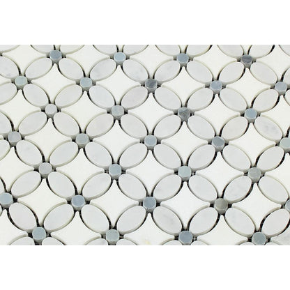 Tilefornia Italian Carrara White & Greek Thassos White Marble Florida Flower Mosaic Tile w/ Blue/Gray Marble - Tilefornia