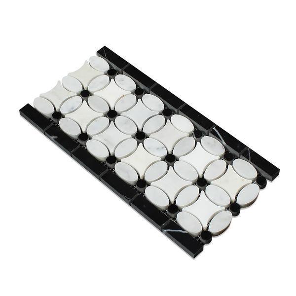 Tilefornia Florida Flower Thassos White & Carrara White & Black Marble Border - Tilefornia