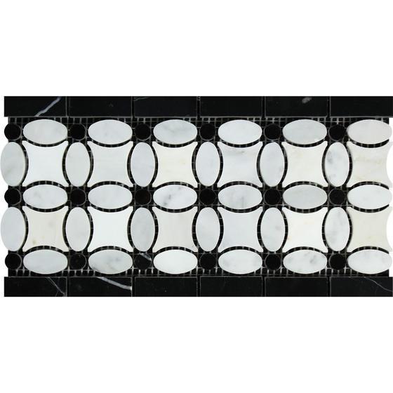 Tilefornia Florida Flower Thassos White & Carrara White & Black Marble Border - Tilefornia