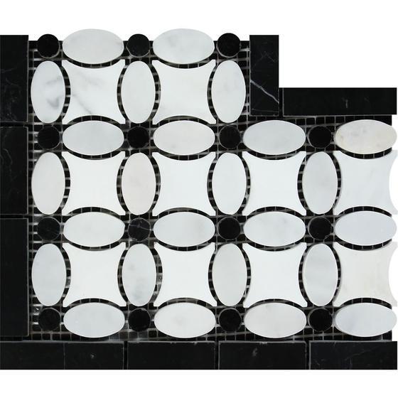 Tilefornia Florida Flower Thassos White & Carrara White & Black Marble Border Corner - Tilefornia