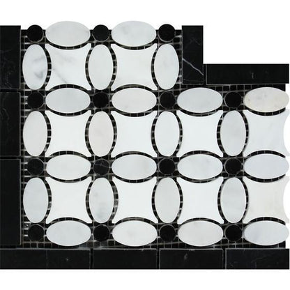Tilefornia Italian Carrara White & Greek Thassos White Marble Florida Flower Border Corner Tile w/ Black Marble - Tilefornia