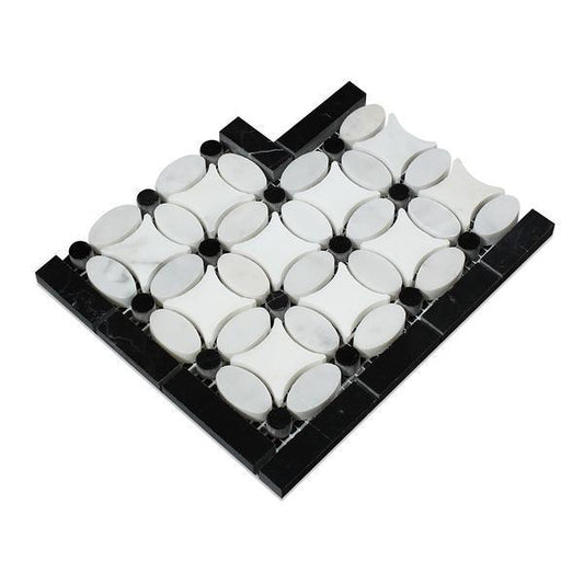 Tilefornia Italian Carrara White & Greek Thassos White Marble Florida Flower Border Corner Tile w/ Black Marble - Tilefornia