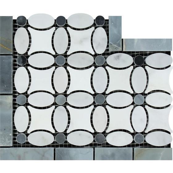 Tilefornia Florida Flower Thassos White & Carrara White & Blue/Gray Marble Border Corner - Tilefornia