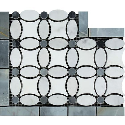 Tilefornia Florida Flower Thassos White & Carrara White & Blue/Gray Marble Border Corner - Tilefornia