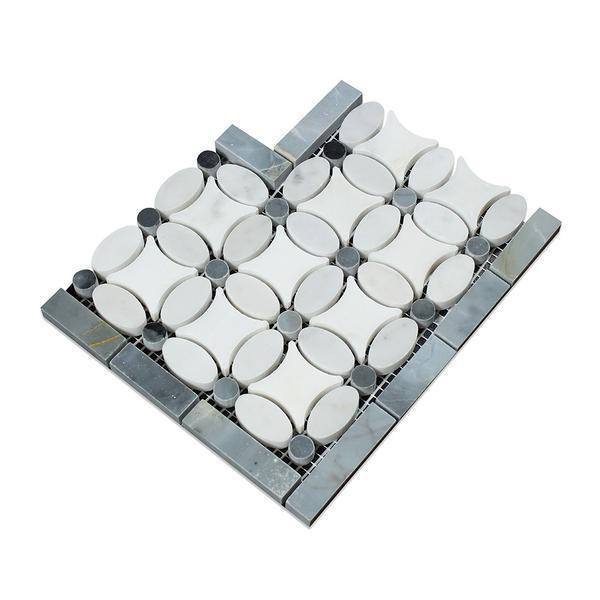 Tilefornia Florida Flower Thassos White & Carrara White & Blue/Gray Marble Border Corner - Tilefornia