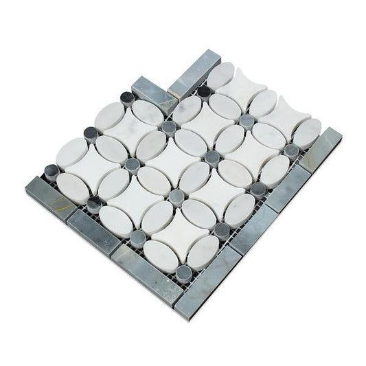 Tilefornia Florida Flower Thassos White & Carrara White & Blue/Gray Marble Border Corner - Tilefornia