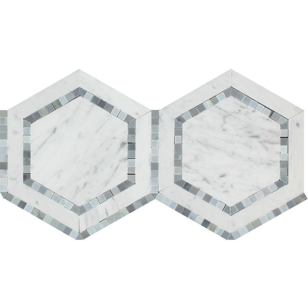Tilefornia Italian Carrara White Marble 5" Hexagon Combo w/ Blue/Gray Marble Ribbon Mosaic TilePolished/Honed - Tilefornia
