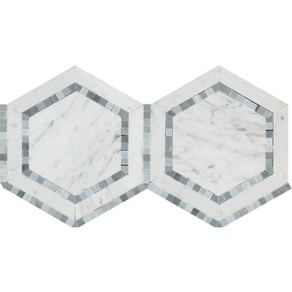 Tilefornia Italian Carrara White Marble 5" Hexagon Combo w/ Blue/Gray Marble Ribbon Mosaic TilePolished/Honed - Tilefornia
