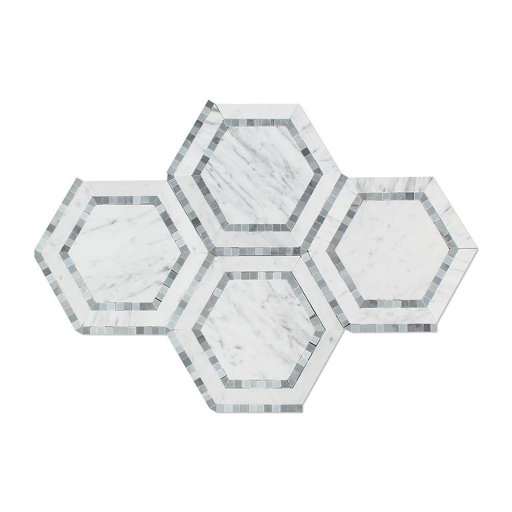 Tilefornia Italian Carrara White Marble 5" Hexagon Combo w/ Blue/Gray Marble Ribbon Mosaic TilePolished/Honed - Tilefornia