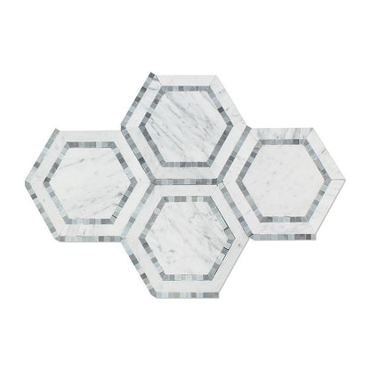 Tilefornia Italian Carrara White Marble 5" Hexagon Combo w/ Blue/Gray Marble Ribbon Mosaic TilePolished/Honed - Tilefornia