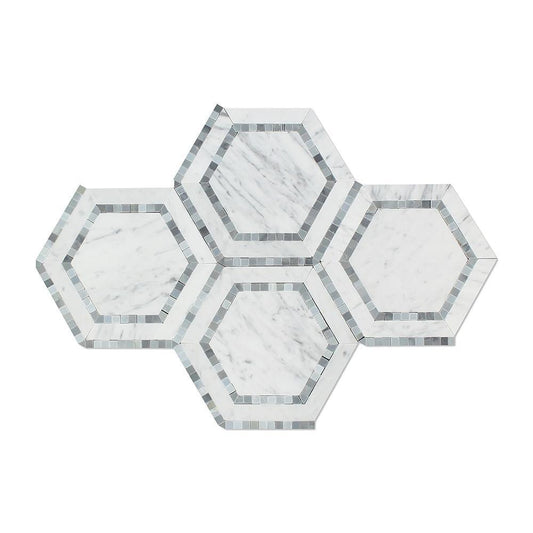 Tilefornia Italian Carrara White Marble 5" Hexagon Combo w/ Blue/Gray Marble Ribbon Mosaic TilePolished/Honed - Tilefornia