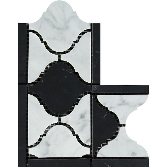 Tilefornia Italian Carrara White Marble Lantern Border Corner w/Black Marble Polished/Honed - Tilefornia