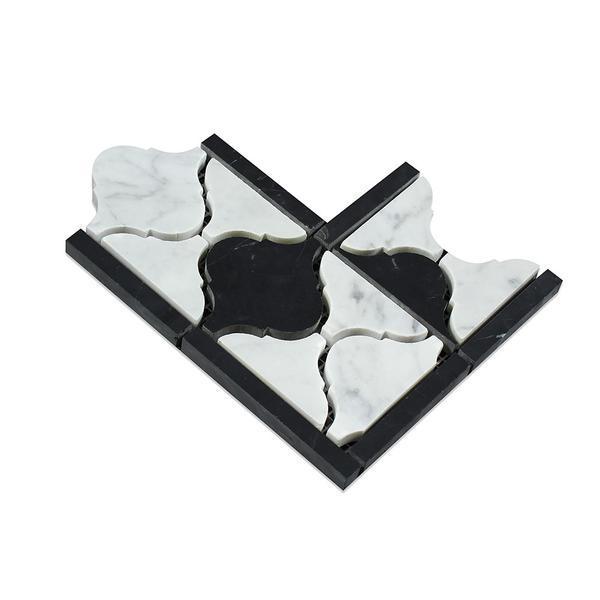 Tilefornia Italian Carrara White Marble Lantern Border Corner w/Black Marble Polished/Honed - Tilefornia