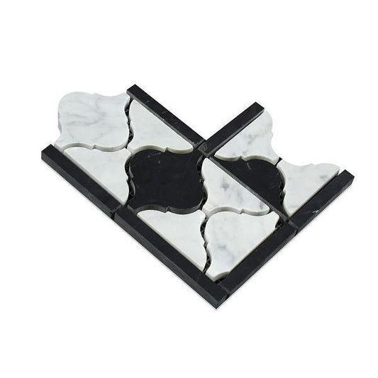 Tilefornia Italian Carrara White Marble Lantern Border Corner w/Black Marble Polished/Honed - Tilefornia
