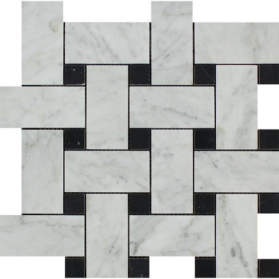 Tilefornia Italian Carrara White Marble Large Basketweave Mosaic Tile w/ Black Marble DotsPolished/Honed - Tilefornia