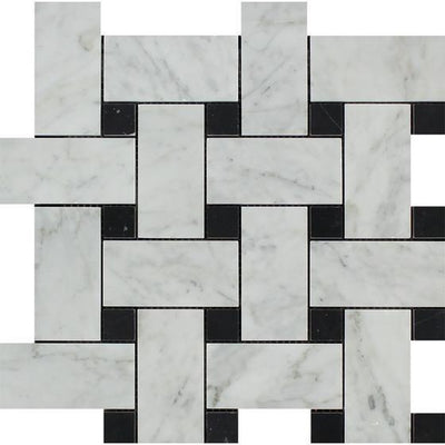 White Carrara Marble Basketweave Mosaic Tile 1 7/8x3 7/8 with Black Dots, Honed