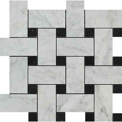 Tilefornia Italian Carrara White Marble Large Basketweave Mosaic Tile w/ Black Marble DotsPolished/Honed - Tilefornia